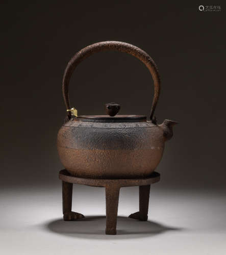 19th Japanese Antique Iron Teapot With Stand