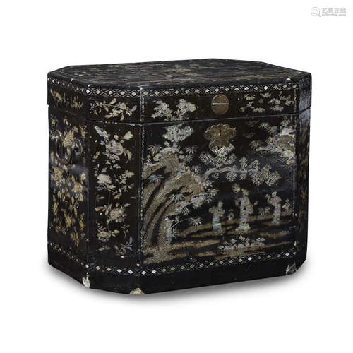 A Chinese mother of pearl inlaid black lacquer octagonal box