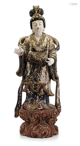 A large Chinese Ming-style gesso and polychrome decorated wood carved Quanyin