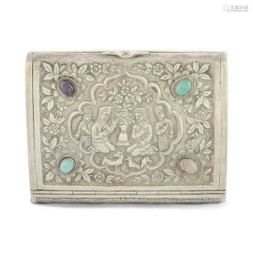 A GEM-SET INDIAN SILVER RECTANGULAR CIGARETTE CASE