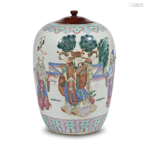 A Chinese famille rose-decorated porcelain jar