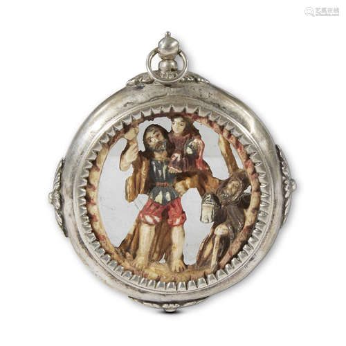 A SPANISH COLONIAL POLYCHROMED BONE AND SILVER RETABLO