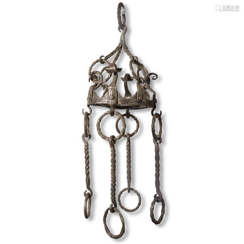 A WROUGHT IRON HANGING RACK WITH FIVE WROUGHT IRON SETS OF LINKED RINGS