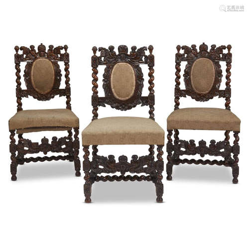THREE WILLIAM & MARY STYLE CARVED WALNUT SIDE CHAIRS