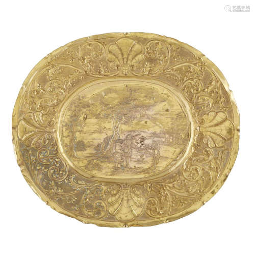 A CONTINENTAL SILVER GILT SERVING TRAY