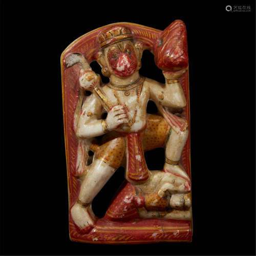 AN INDIAN CARVED AND POLYCHROMED WHITE MARBLE FIGURE OF HANUMAN