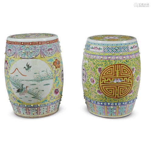 Two Chinese yellow ground porcelain garden stools