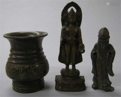 Two bronze figures and a hardstone archaistic vessel