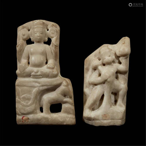 AN INDIAN CARVED MARBLE FIGURE OF HANUMAN, AND ANOTHER OF A SEATED DEITY