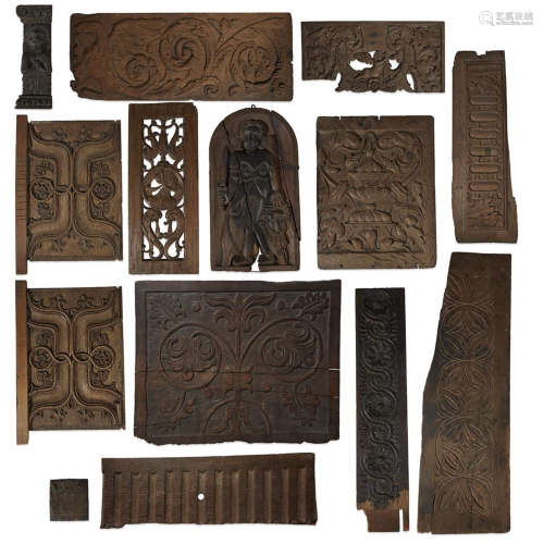 FOURTEEN CARVED WOOD ARCHITECTURAL PANELS
