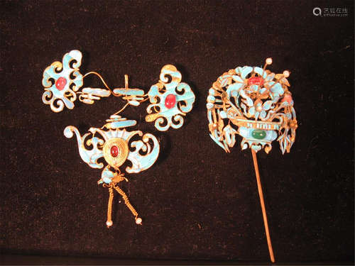 Two Chinese gilt metal, king fisher feather and glass bead hair ornaments