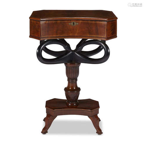 A Biedermeier parcel ebonized and mahogany sewing table