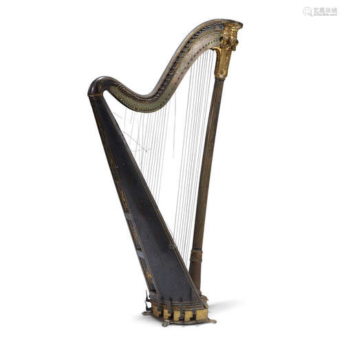 A REGENCY EBONIZED AND PARCEL GILT WOOD AND COMPOSITION HARP