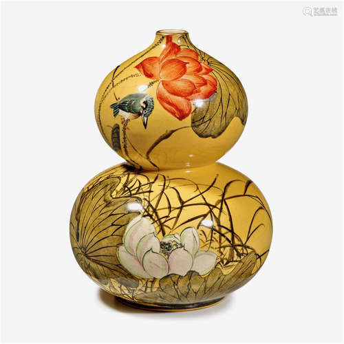 A Japanese enameled yellow ground double gourd vase