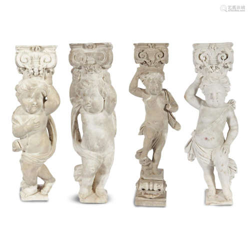 A SET OF FOUR CARVED MARBLE PUTTO FORM SUPPORTS ON INLAID BRACKETS