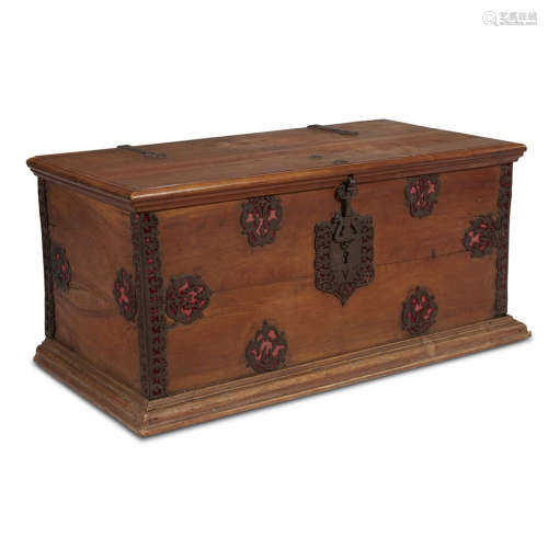 A SPANISH BAROQUE IRON-MOUNTED AND VELVET LINED CHEST