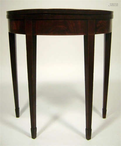 A George III mahogany and satinwood strung demi-lune games table