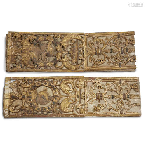 A PAIR OF SPANISH NEOCLASSICAL POLYCHROMED AND PARCEL-GILT PANELS