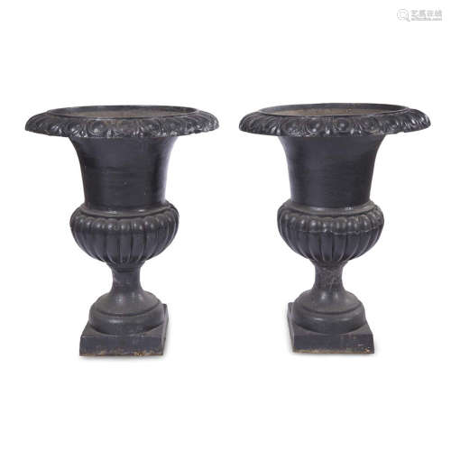 A pair of cast iron garden urns