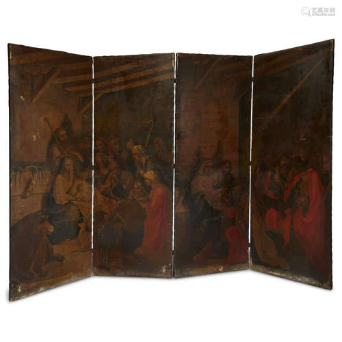 A PAINTED CANVAS FOUR-PANEL FLOOR SCREEN DEPICTING THE NATIVITY