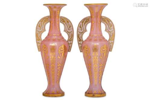 A PAIR OF BOHEMIAN PINK OPALESCENT GLASS 'ALHAMBRA'