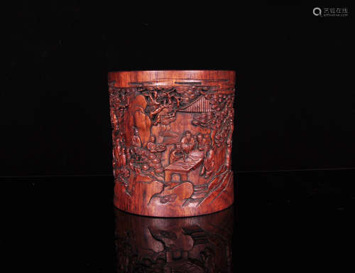 A Chinese Carved Huanghuali Brush Pot