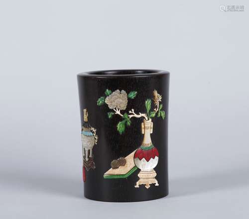 A Chinese Carved Zitan Brush Pot with Inlaid