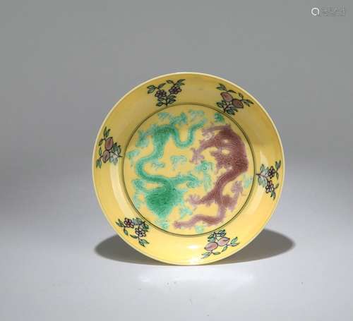 A Chinese Yellow Ground Famille-Rose Porcelain Plate