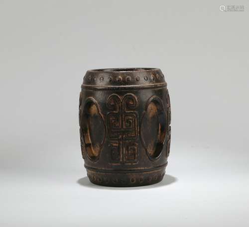 A Chinese Carved Zitan Brush Pot