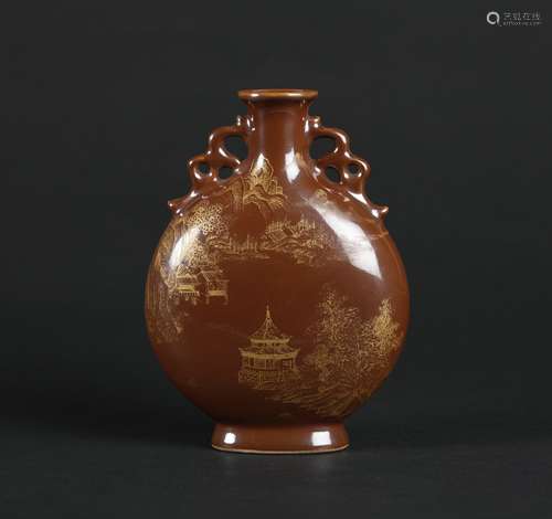 A Chinese Brown Glazed Porcelain Moon Mask Vase