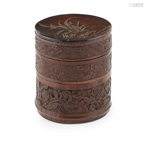 CARVED BAMBOO-VENEER HARDWOOD THREE-TIERED BOX AND COVER