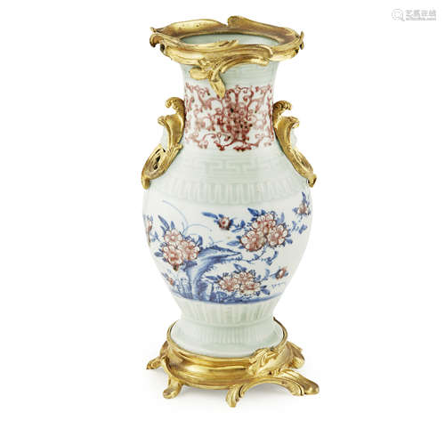 ORMOLU-MOUNTED IRON-RED AND UNDERGLAZE-BLUE DECORATED CELADON-GROUND VASE