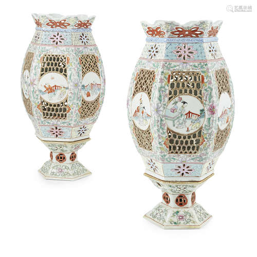 PAIR OF FAMILLE ROSE LANTERNS AND STANDS