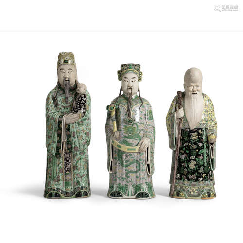 EXCEPTIONALLY LARGE FAMILLE VERTE BISCUIT-GLAZED FIGURES OF THE THREE STAR GODS