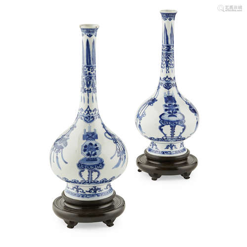 PAIR OF BLUE AND WHITE BOTTLE VASES