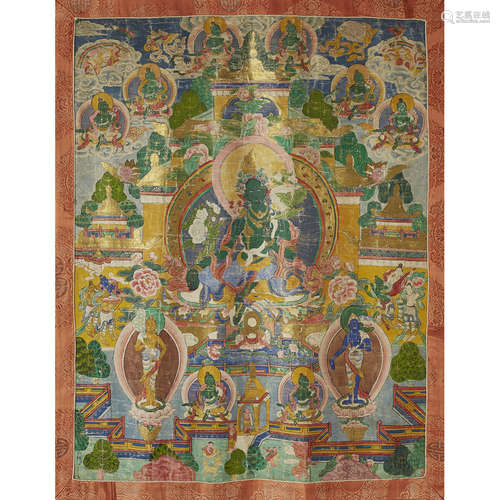 THANGKA DEPICTING GREEN TARA IN HER PURE LAND