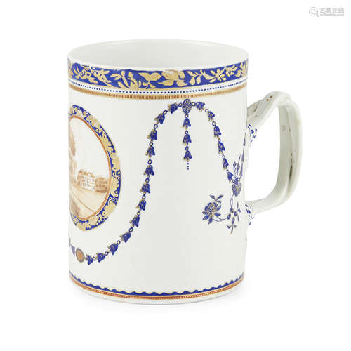 BLUE ENAMEL AND GILT 'EUROPEAN SUBJECT' PORCELAIN TANKARD