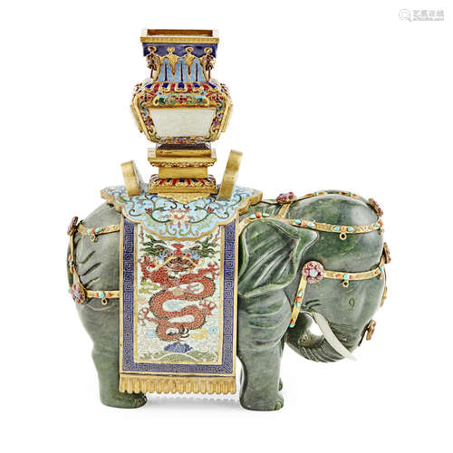 CLOISONNÉ ENAMEL AND SPINACH-GREEN JADE 'ELEPHANT AND VASE' GROUP