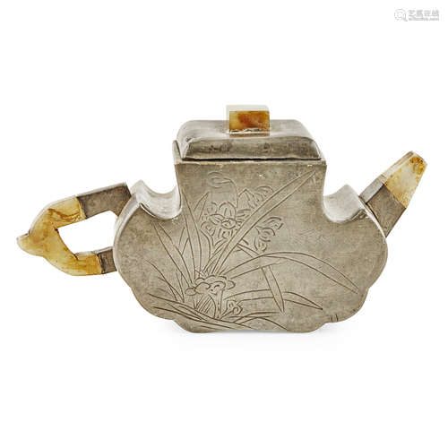 PEWTER-ENCASED YIXING STONEWARE TEAPOT AND COVER