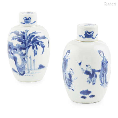 PAIR OF SMALL BLUE AND WHITE OVOID JARS AND COVERS