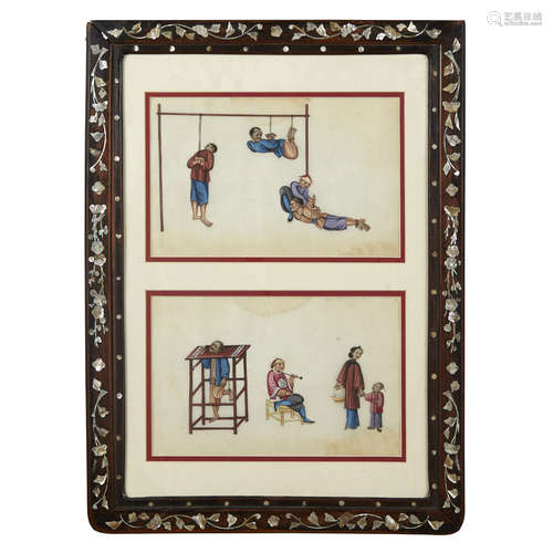 TWO PITH PAPER PAINTINGS OF TORTURE SCENES