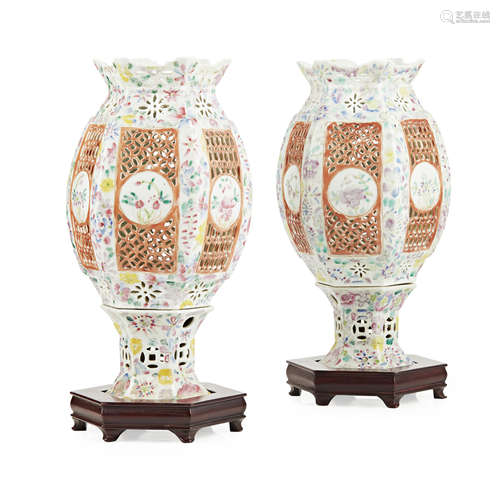 PAIR OF FAMILLE ROSE HEXAGONAL LANTERNS