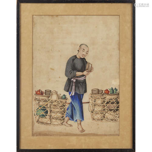 FIVE RICE PAPER PAINTINGS DEPICTING STREET VENDORS