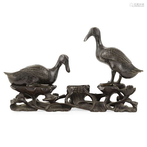 PAIR OF BRONZE GEESE