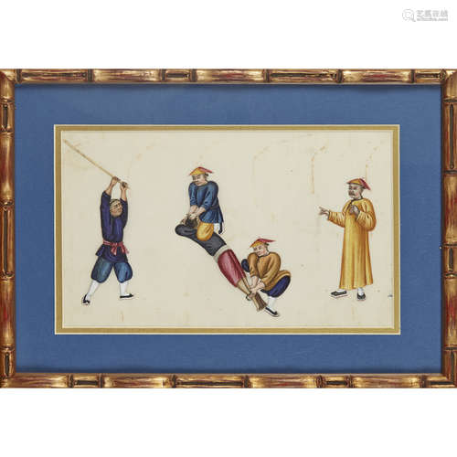 SIX PITH PAPER PAINTINGS DEPICTING PUNISHMENT AND TORTURE