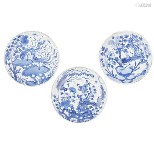 THREE BLUE AND WHITE 'PHOENIX' DISHES