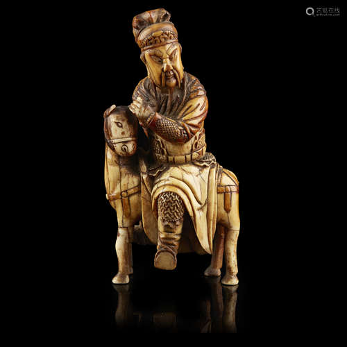 Y CARVED IVORY EQUESTRIAN FIGURE OF GUANDI