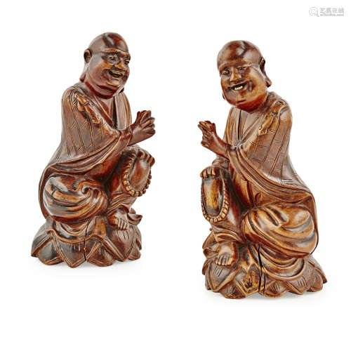PAIR OF WOODEN FIGURES OF LUOHAN