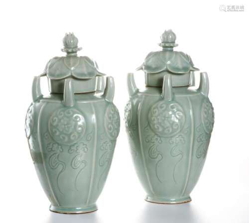 Pair Lungchuan Celadon Baluster Vases/Covers