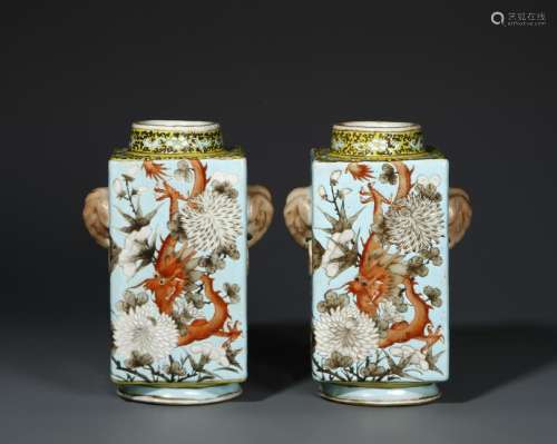 Pair of Turquoise-Ground Cong-Form Vases